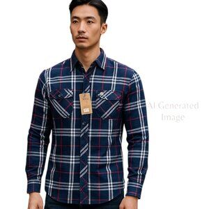 Gasoline Mens Authentic Premium Denim Blue Red Check Button Front Shirt Sz L NEW